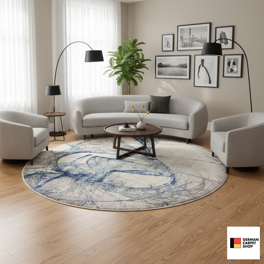 Abstract round rug in the living room: blue line pattern on a light background, on a wooden floor