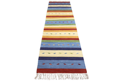 Kelim runner rug in a striped design with fringes at both ends