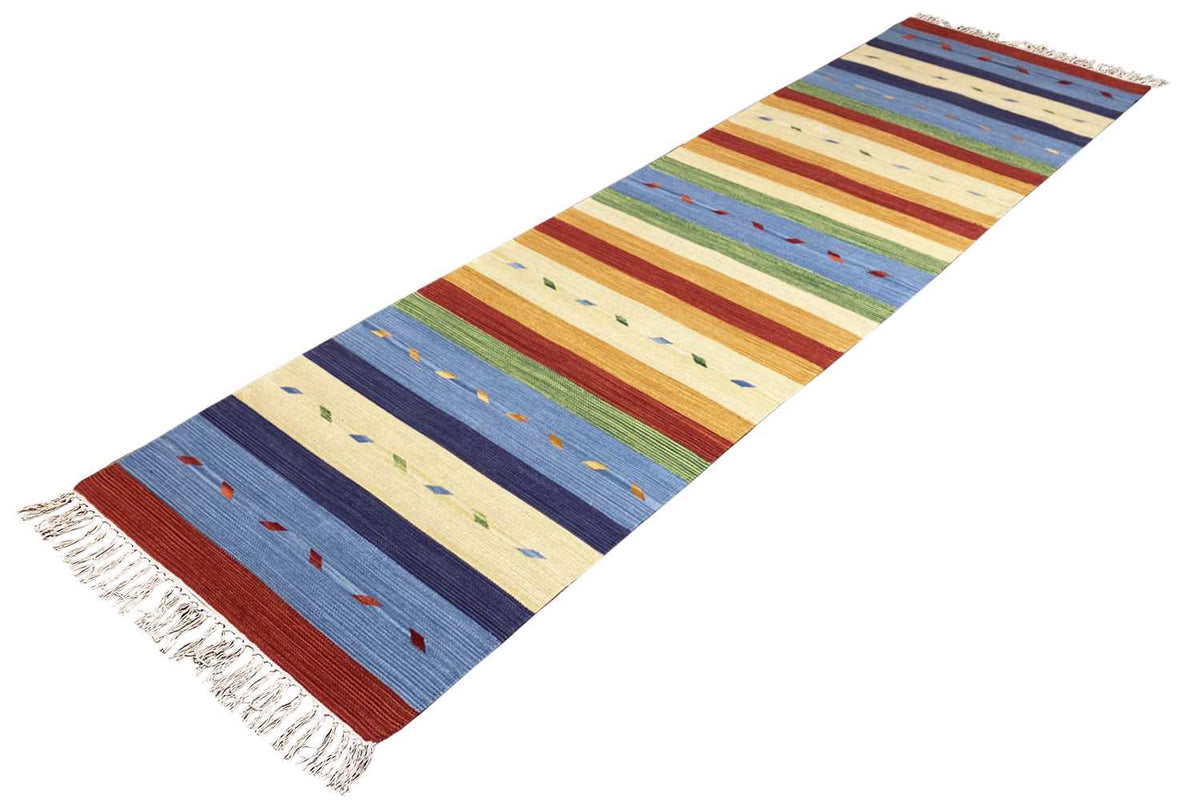 Kilim runner rug with narrow lengthwise stripes and fringes at the sides
