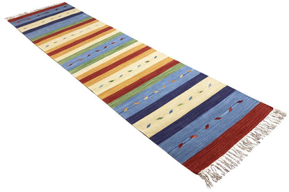 Kelim runner rug with colorful grid stripes and fringed ends