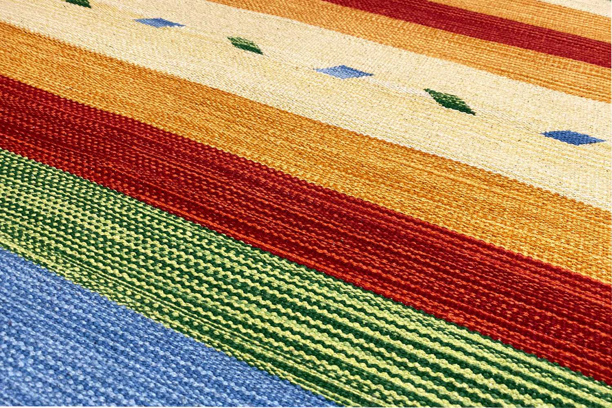 Kilim runner rug with multicolored stripes and a fine woven texture
