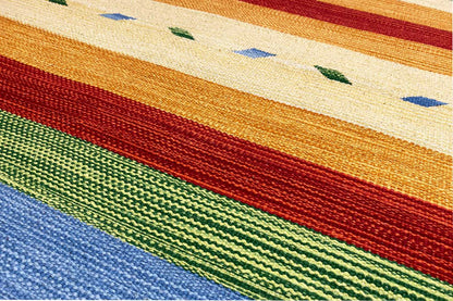 Kilim runner rug with multicolored stripes and a fine woven texture