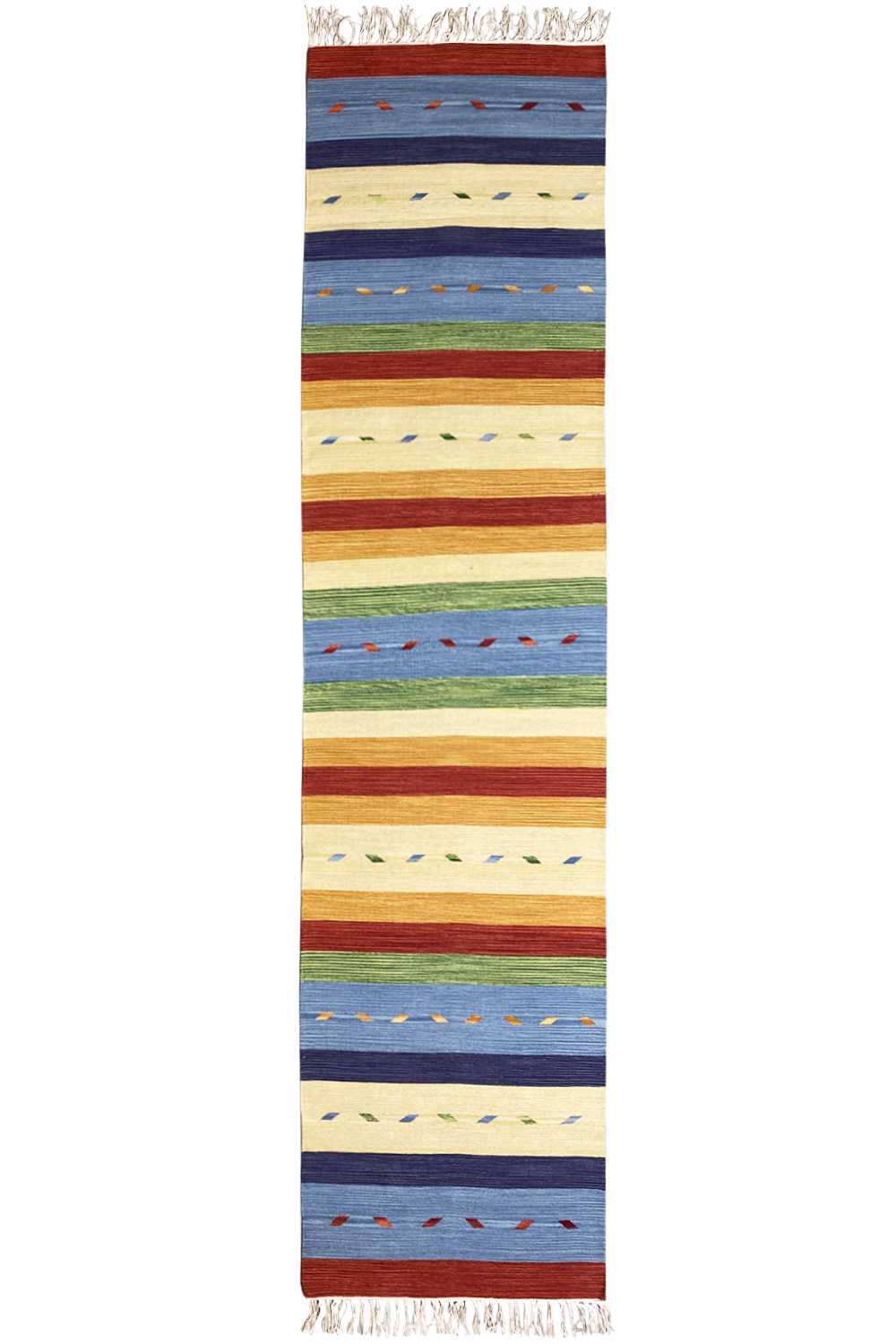 Kilim runner rug with a border pattern and fringes along the top and bottom edges