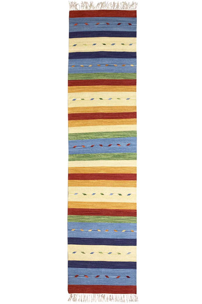 Kilim runner rug with a border pattern and fringes along the top and bottom edges
