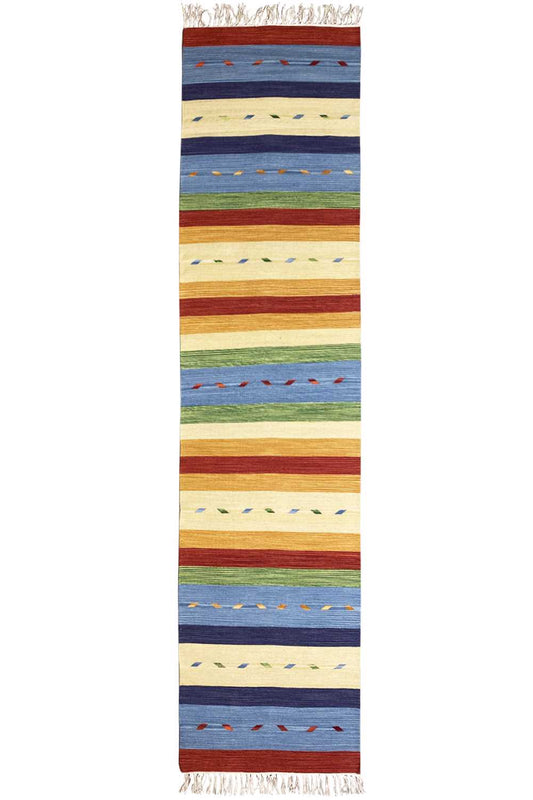 Kilim runner rug with a border pattern and fringes along the top and bottom edges