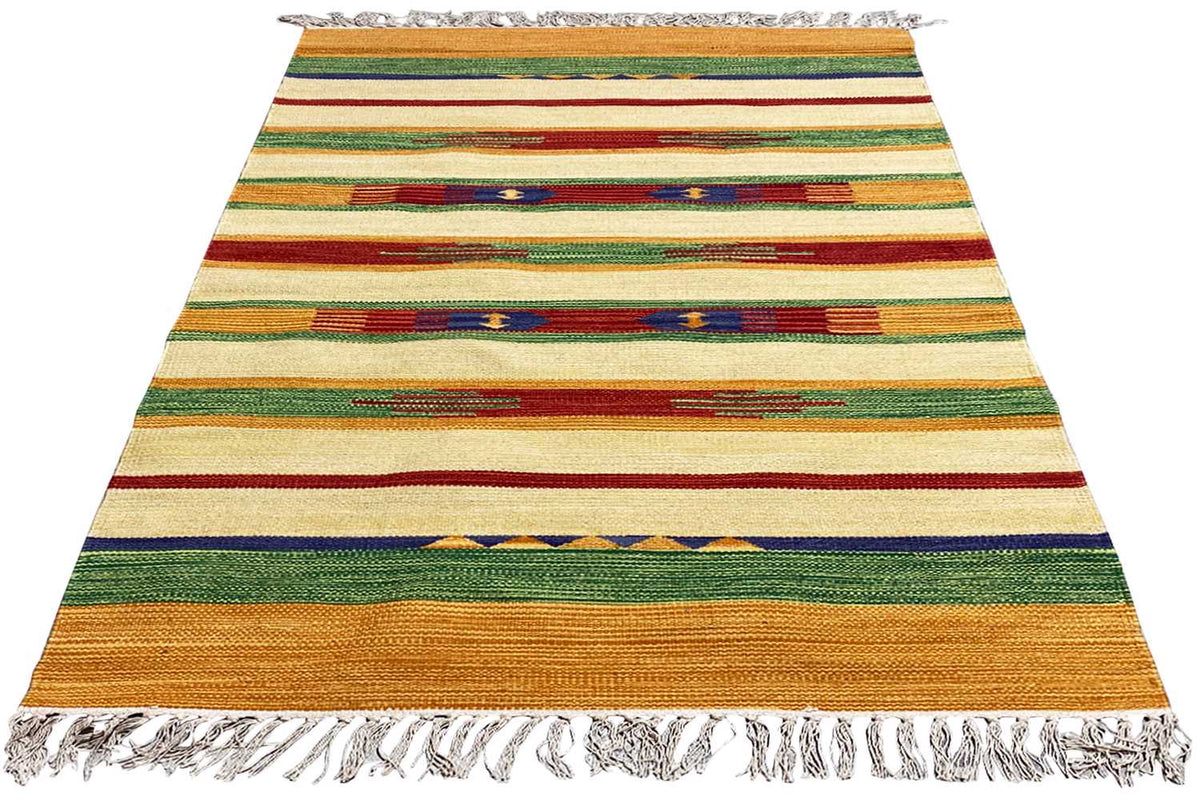 Modern Samak kilim rug with colorful stripes, woven and fringed