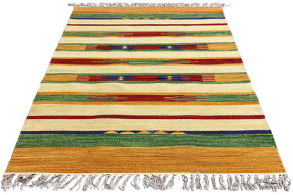 Modern Samak kilim rug with colorful stripes, woven and fringed
