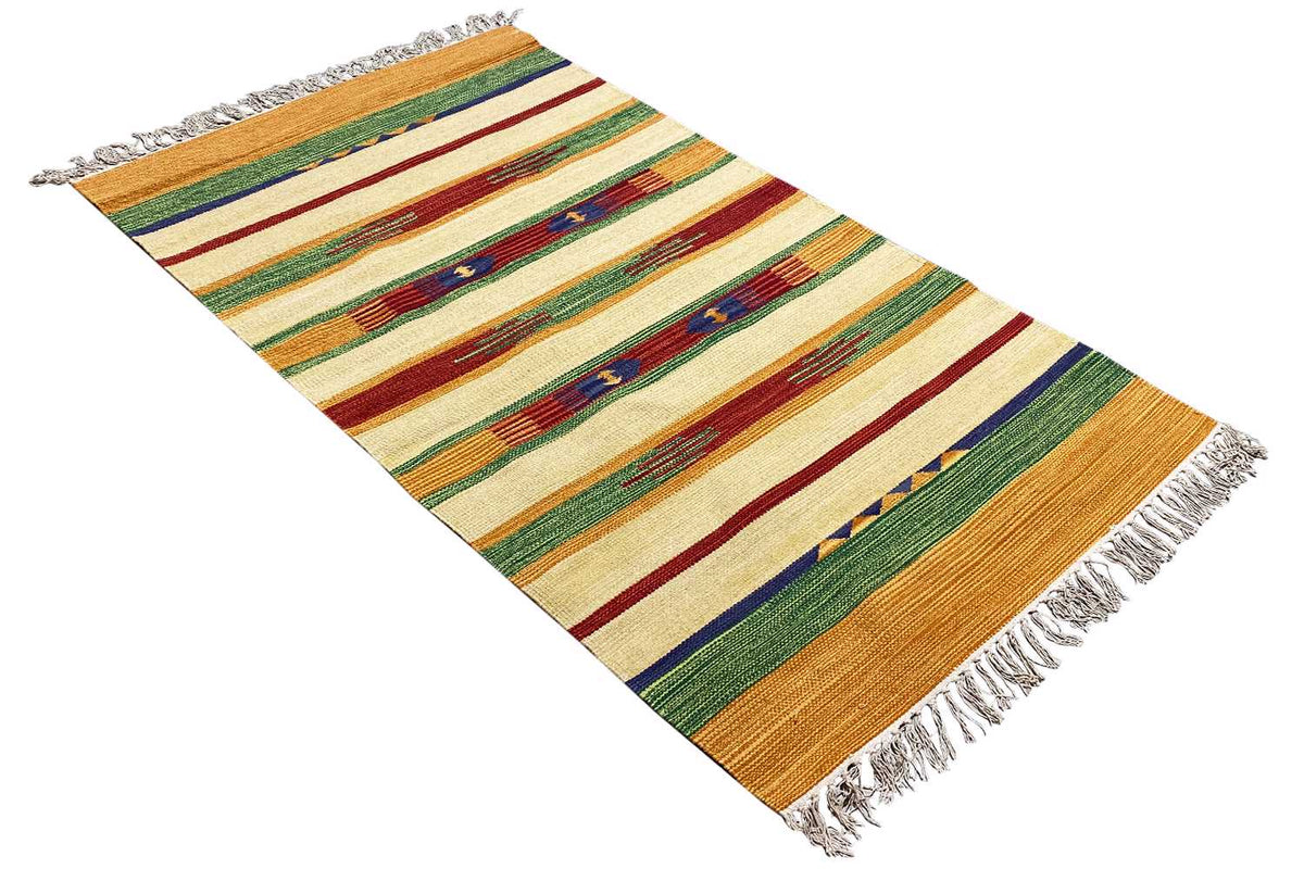 Samak kilim rug, rectangular, angled view with multicolored stripes and fringes