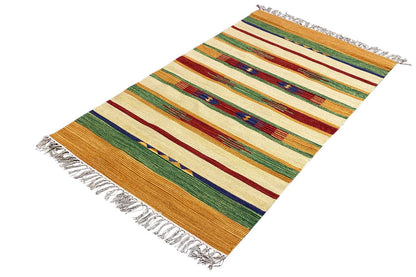 Modern Samak kilim rug in a rectangular shape, patterned stripes, fringes along the edges