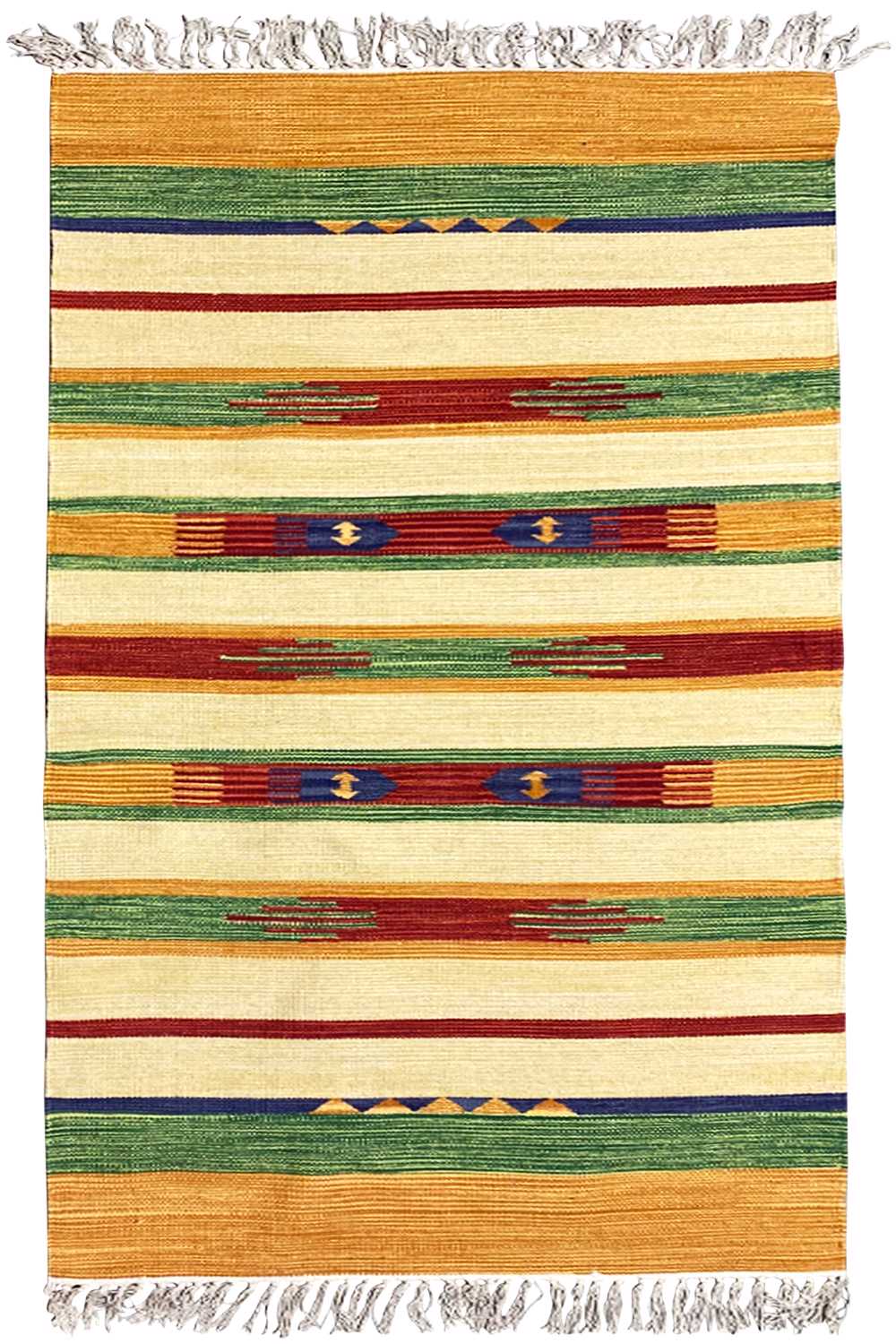 Samak kilim rug with bold stripes and small ornaments, fringes at the top and bottom