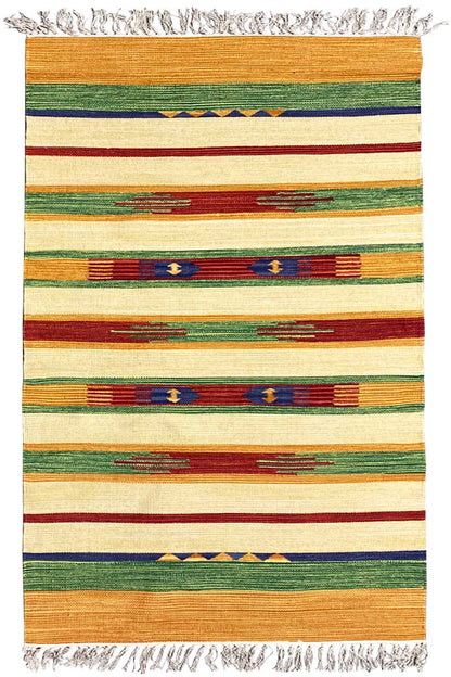 Samak kilim rug with bold stripes and small ornaments, fringes at the top and bottom