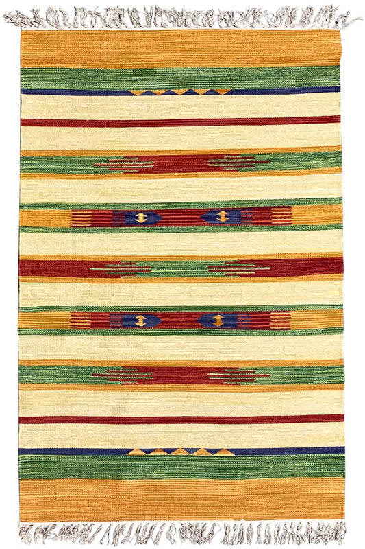 Samak kilim rug with bold stripes and small ornaments, fringes at the top and bottom
