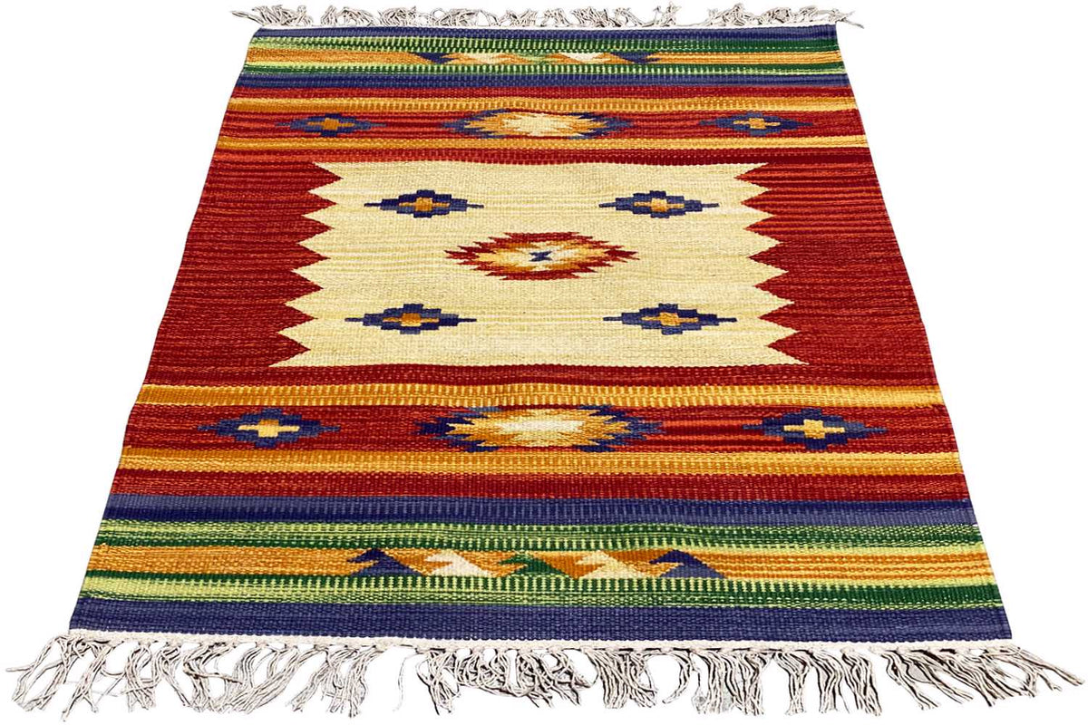 Kilim rug with a geometric pattern, red/beige with blue accents, with fringes