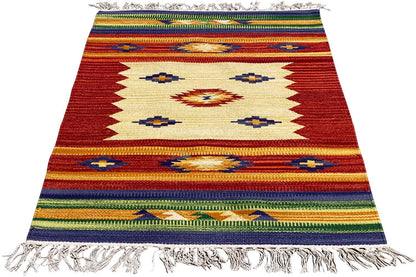 Kilim rug with a geometric pattern, red/beige with blue accents, with fringes