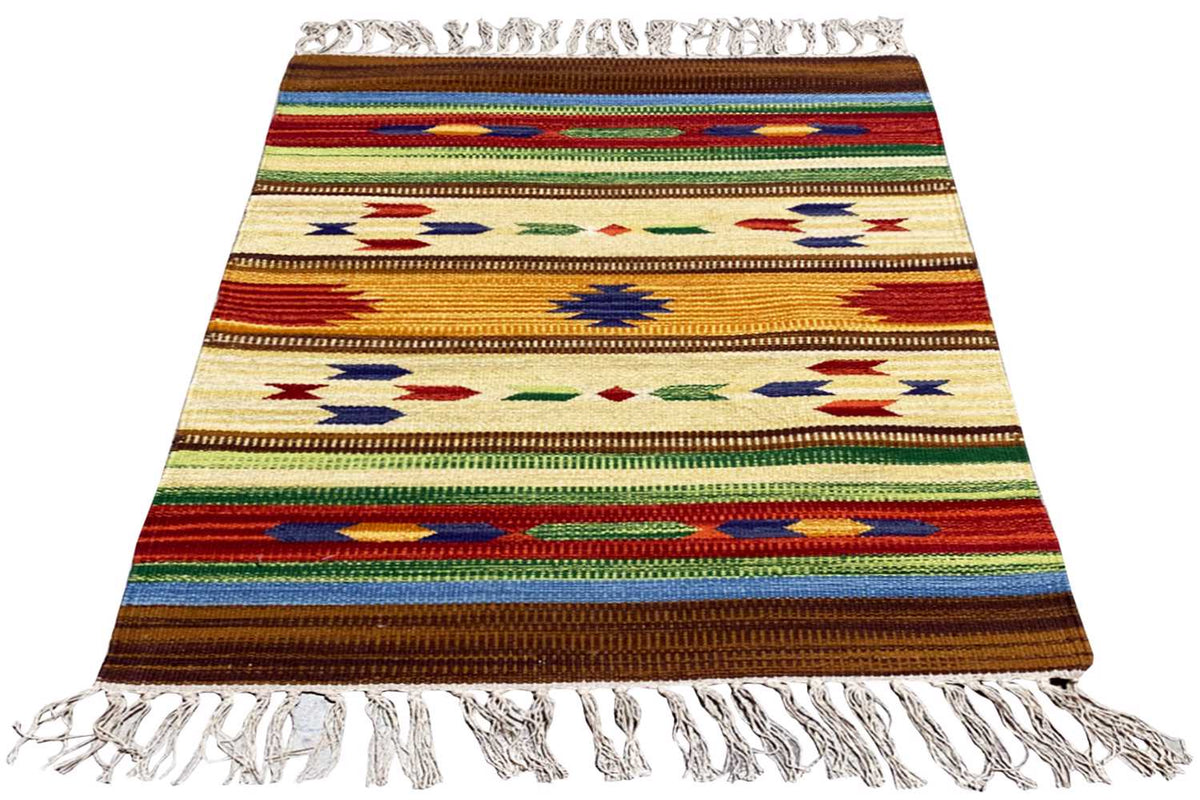 Woven rug 60x90 cm with stripes and colorful ornaments, white fringed edge.