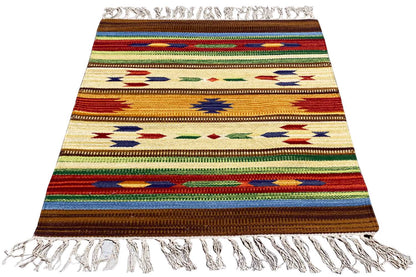 Woven rug 60x90 cm with stripes and colorful ornaments, white fringed edge.