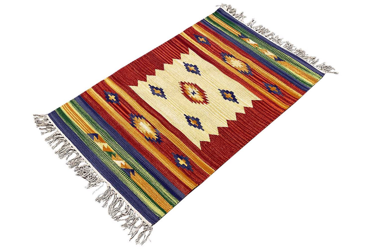 Kilim rug diagonal, red field with white patterns, colorful stripes and fringes