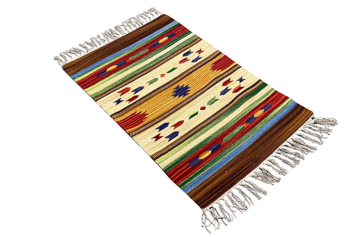 Kilim rug with multicolored stripes and a herringbone pattern, with fringes on both sides.