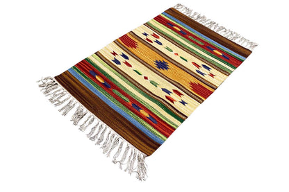 Kilim rug with a geometric pattern in brown, beige, green, and blue, with fringes.