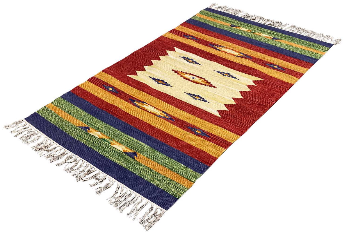 Kilim rug with a geometric pattern in red, beige, and blue, with fringes