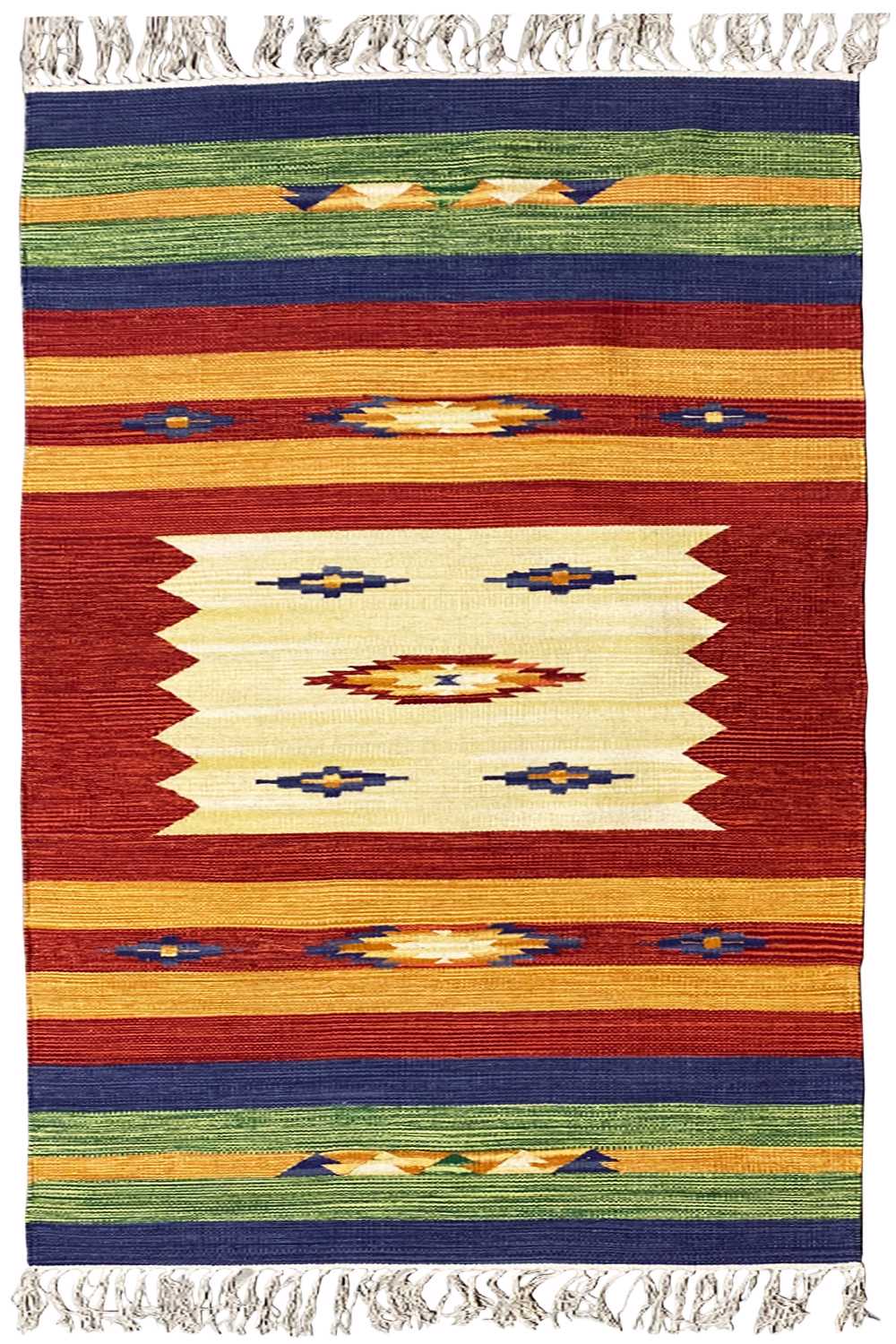 Kelim rug with a central ornament and wide stripes in blue, green, and red, with fringes