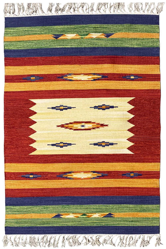 Kelim rug with a central ornament and wide stripes in blue, green, and red, with fringes