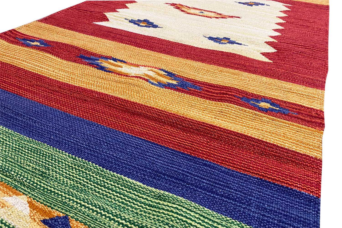 Close-up of kilim rug fabric with red, blue, green, and yellow stripes
