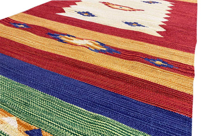 Close-up of kilim rug fabric with red, blue, green, and yellow stripes
