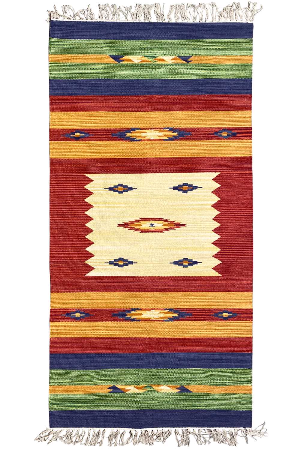 Modern kilim rug with a geometric striped pattern and fringe, red-blue-green-yellow