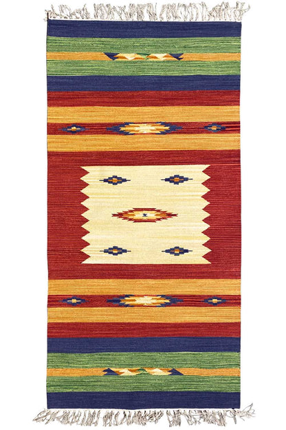 Modern kilim rug with a geometric striped pattern and fringe, red-blue-green-yellow