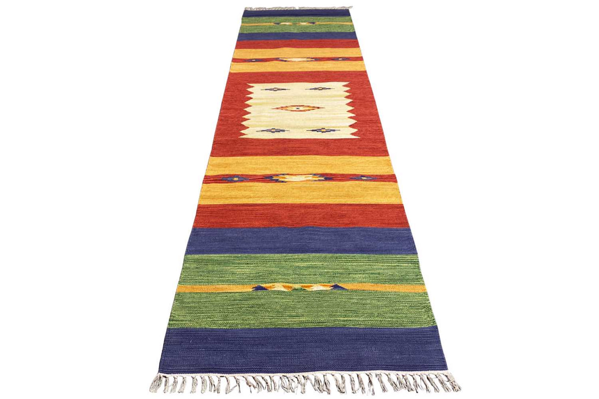 Colorful kilim runner rug with stripes and fringes, red-yellow-green-blue, 80x300 cm