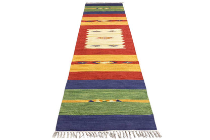Colorful kilim runner rug with stripes and fringes, red-yellow-green-blue, 80x300 cm