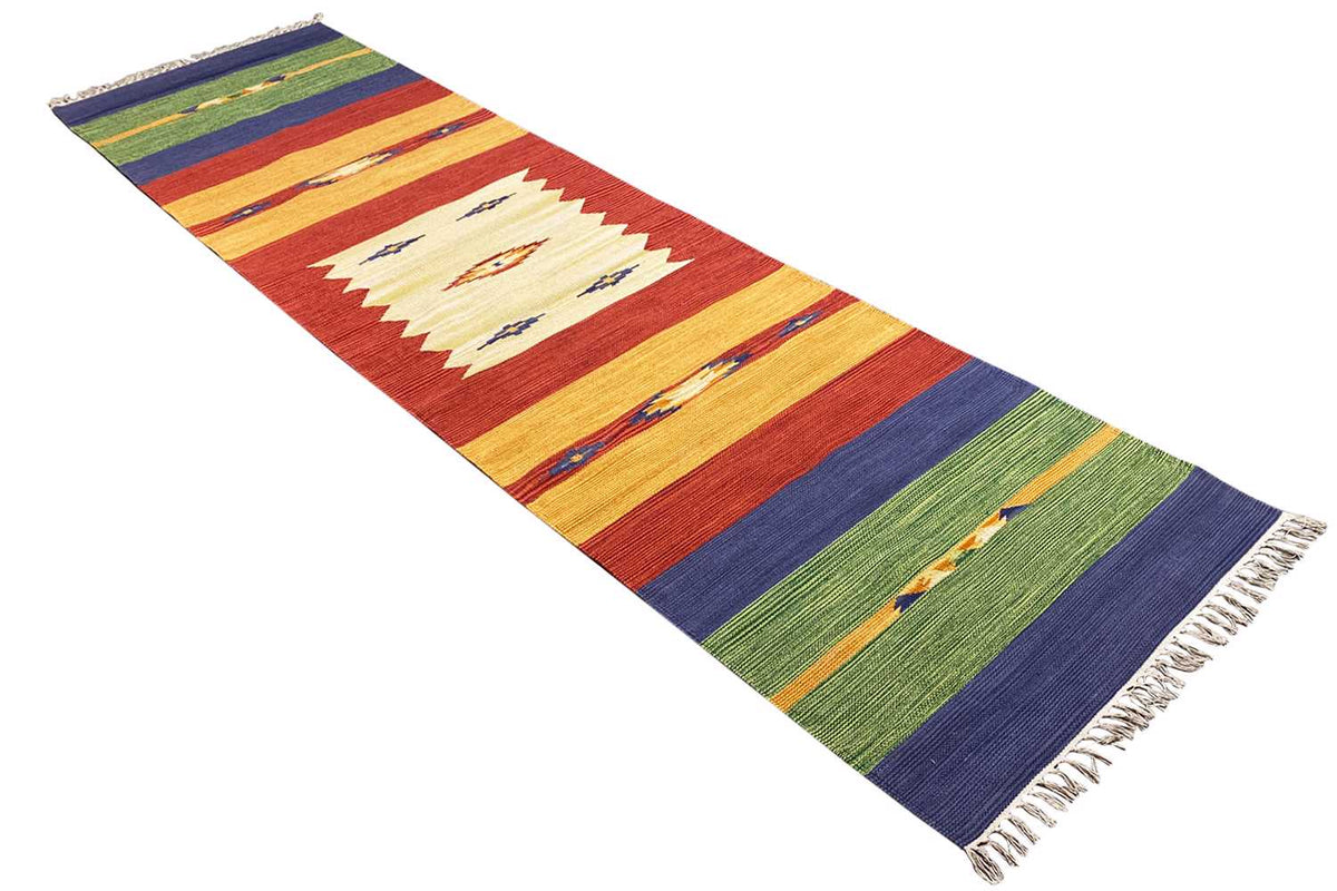 Striped kilim runner rug with decorative motifs and fringes, multicolored