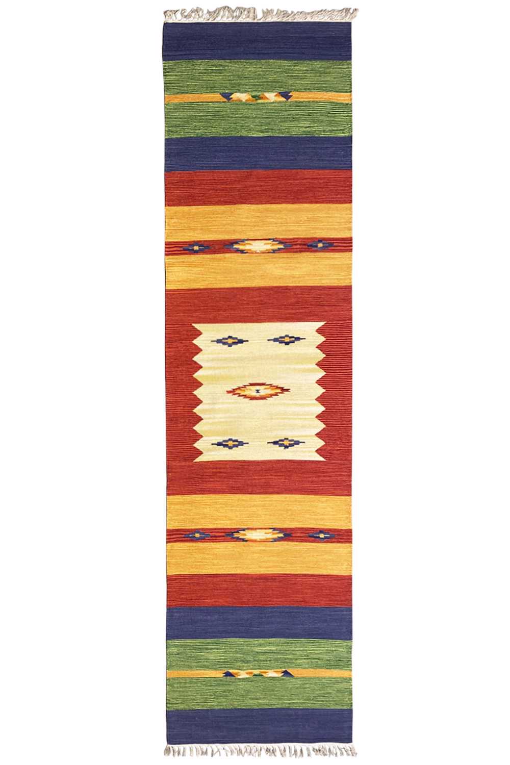Kelim runner rug with block stripes and central ornament, multicolored, with fringes