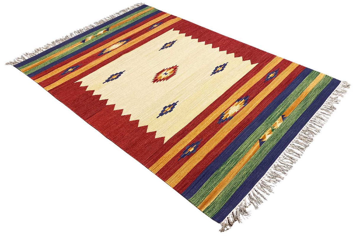 Kilim rug in landscape format with corner motif, red, cream, blue, green, and yellowish stripes