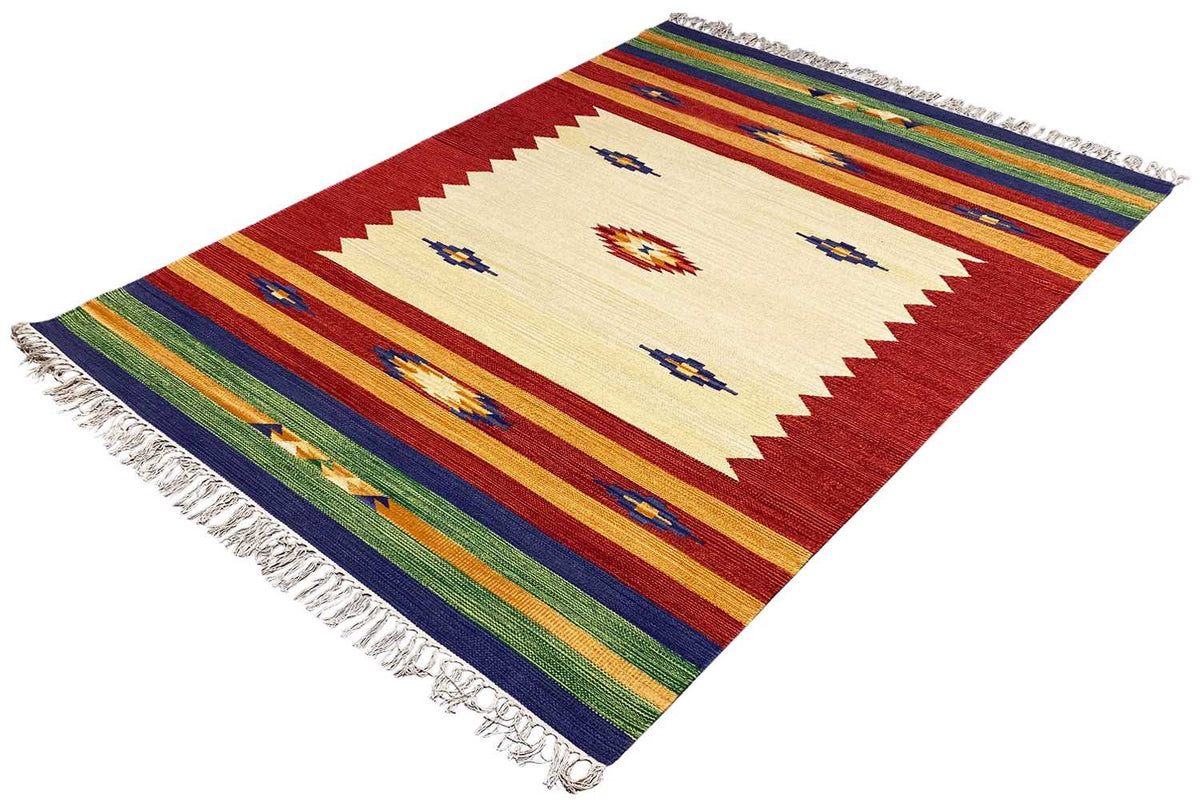 Kilim rug with central medallion and zigzag pattern, cream, red, blue, green, fringes