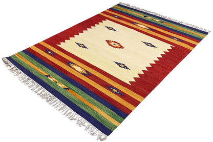 Kilim rug with central medallion and zigzag pattern, cream, red, blue, green, fringes