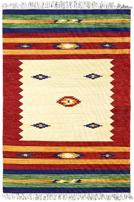 Rectangular kilim rug with borders and diamonds, red, cream, blue, green, fringes