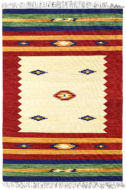Rectangular Kelim rug with red central stripes, blue symbols, and fringes