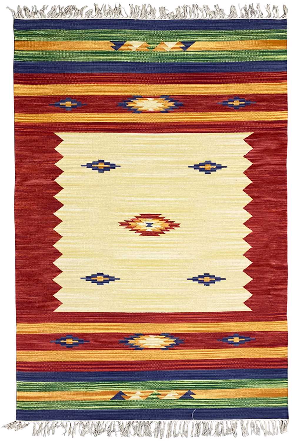 Kilim rug with a geometric pattern, red-beige base, colorful stripes, and fringes