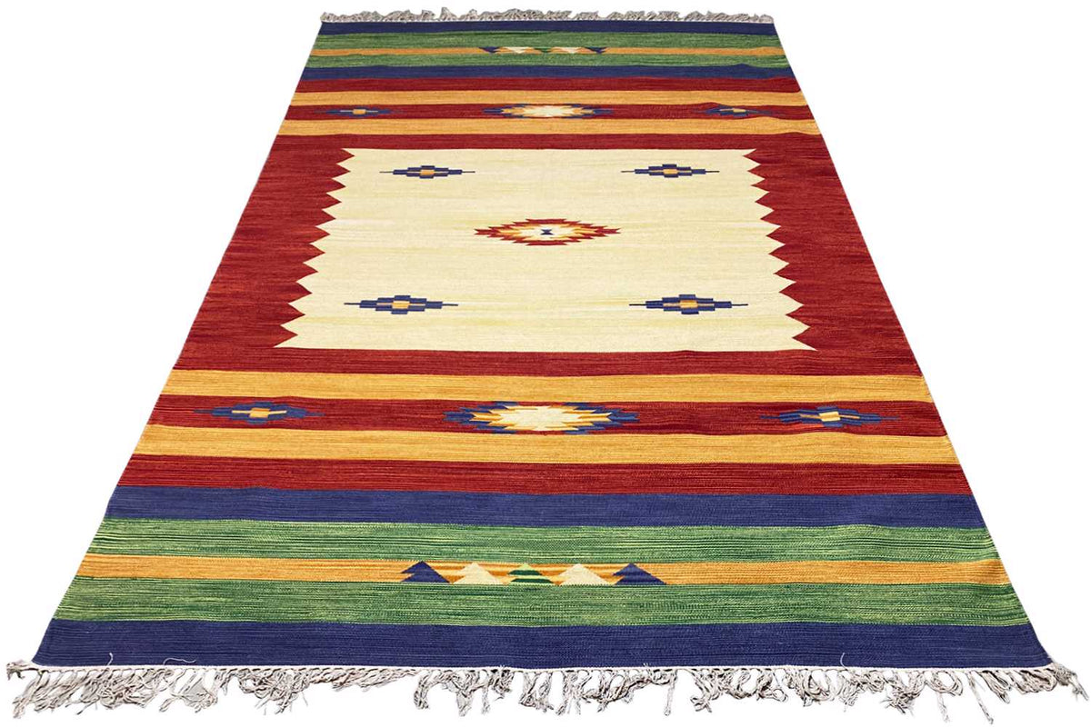 Modern kilim rug with a multicolored striped pattern and fringes along the edge
