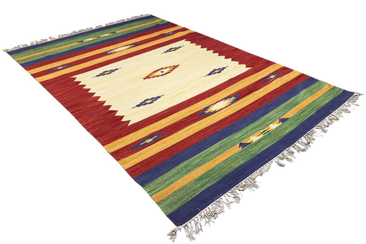 Rectangular kilim rug with a geometric ornamental pattern and colorful fringes