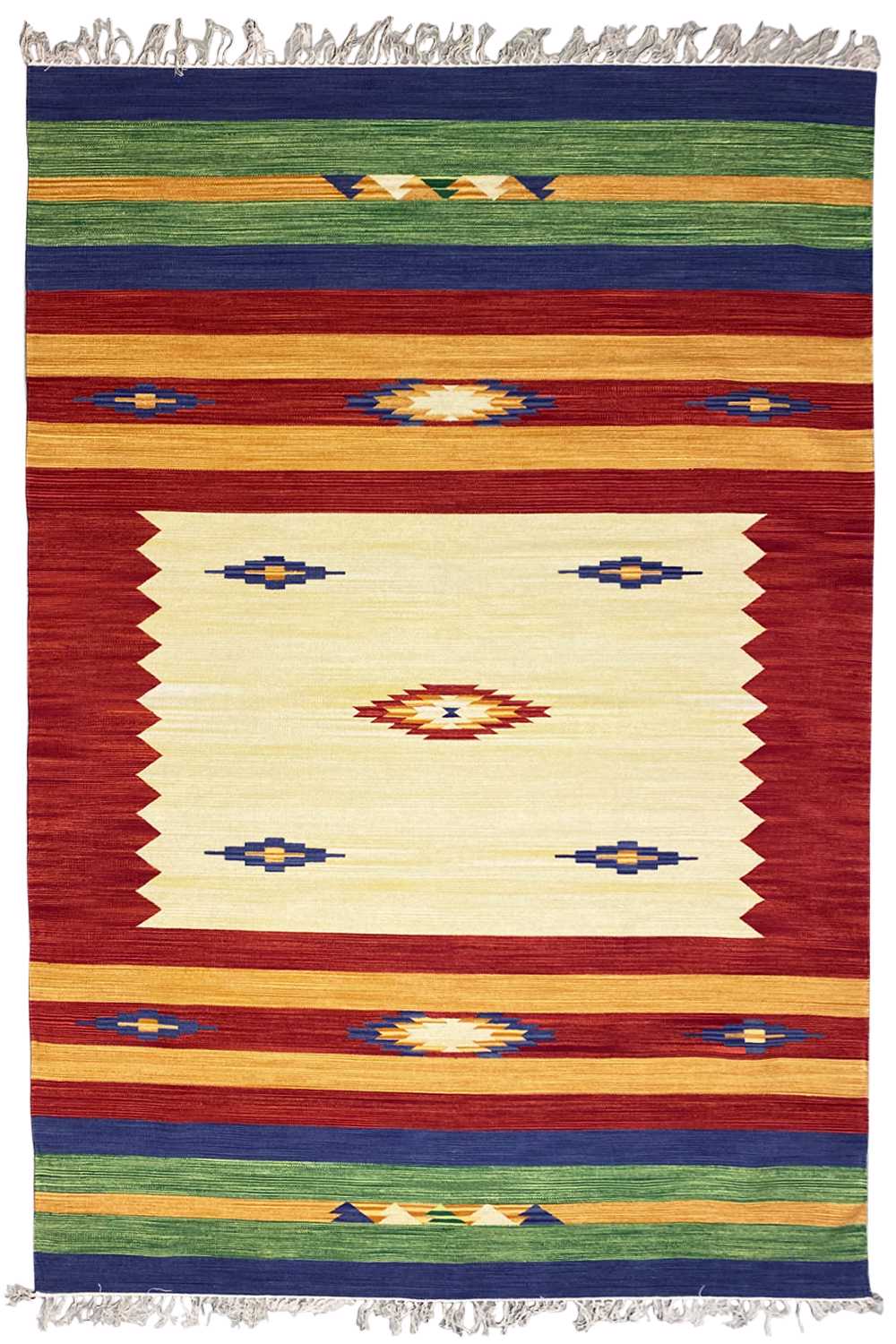 Kilim rug with a central square pattern, striped bands, and fringes