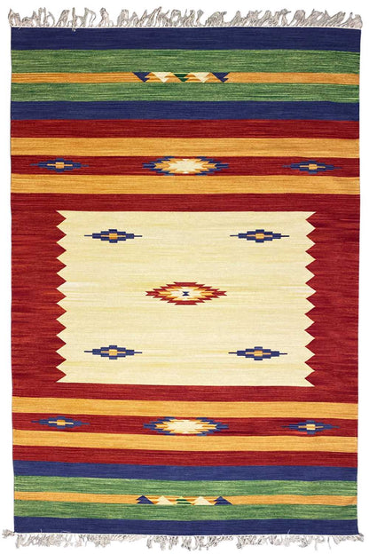 Kilim rug with a central square pattern, striped bands, and fringes