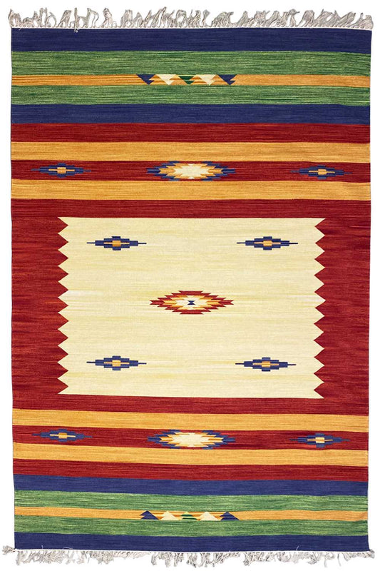 Kilim rug with a central square pattern, striped bands, and fringes