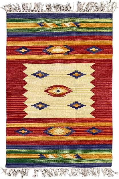 Kilim rug with a central diamond pattern in cream, red, blue, and yellow, with fringes