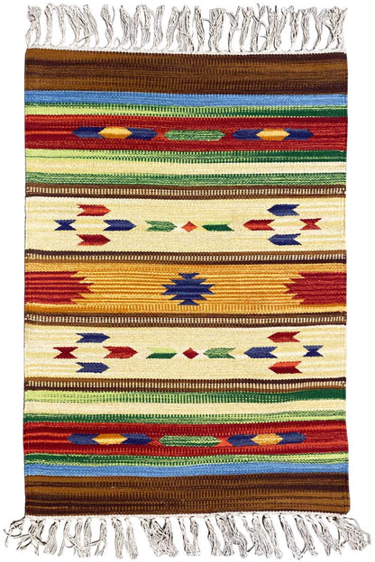 Kilim rug with stripes and star/diamond motifs, white fringed edges.