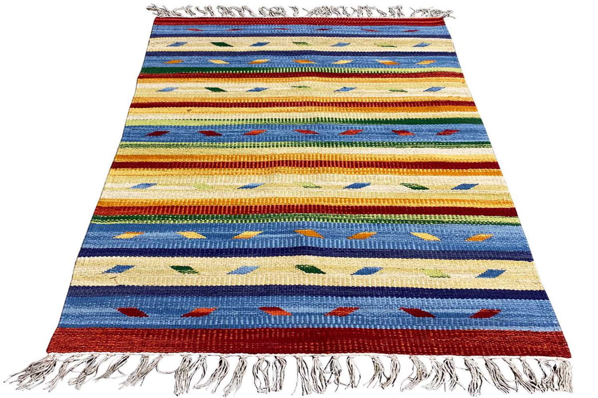 60x90-cm kilim rug with colorful stripes, geometric patterns, and fringes.