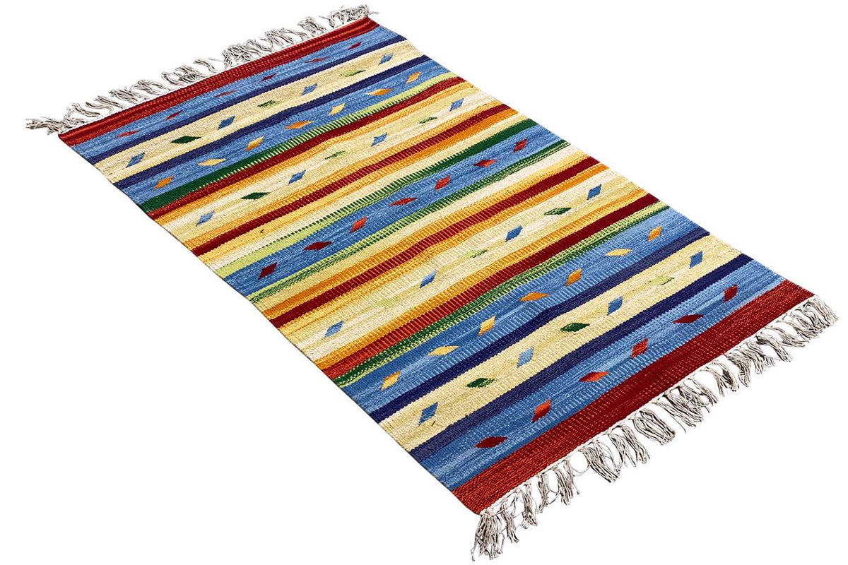 Kilim rug 60x90 cm, colorful striped pattern with geometric motifs and fringes.
