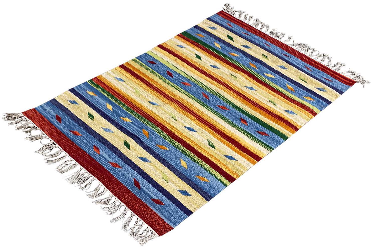 Kilim rug 60x90 cm with a colorful striped pattern, geometric motifs, and fringes.